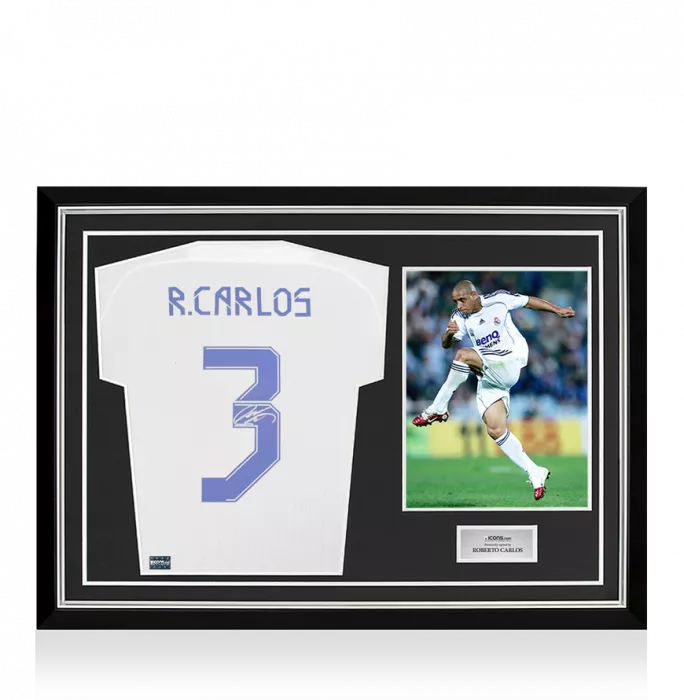 icons Roberto Carlos Back Signed Real Madrid Teamgeist Shirt In Hero Frame: Option 1