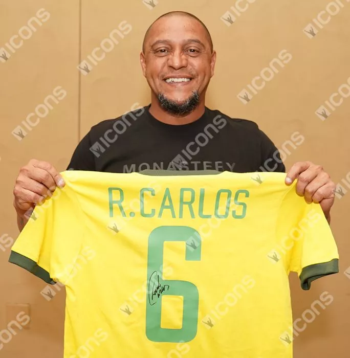 Icons Roberto Carlos Back Signed Retro Brazil Home Shirt In Classic Frame