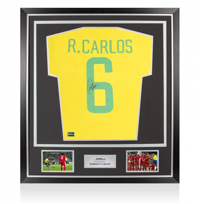 icons Roberto Carlos Back Signed Retro Brazil Home Shirt In Classic Frame