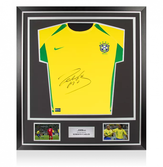 icons Roberto Carlos Front Signed Brazil 2002-04 Home Shirt In Classic Frame