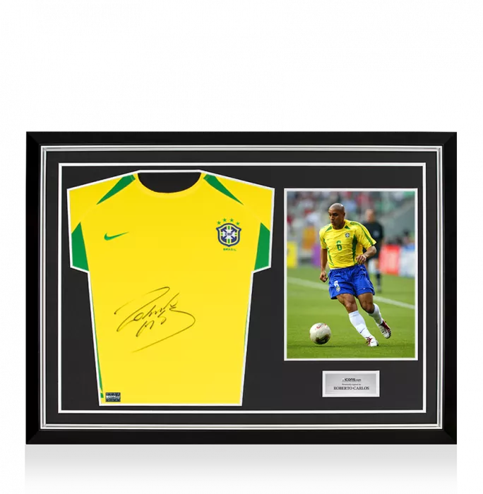 icons Roberto Carlos Front Signed Brazil 2002-04 Home Shirt In Hero Frame: Option 1