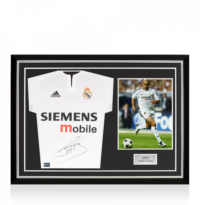 icons Roberto Carlos Front Signed Real Madrid 2003-04 Home Shirt In Hero Frame: Option 1