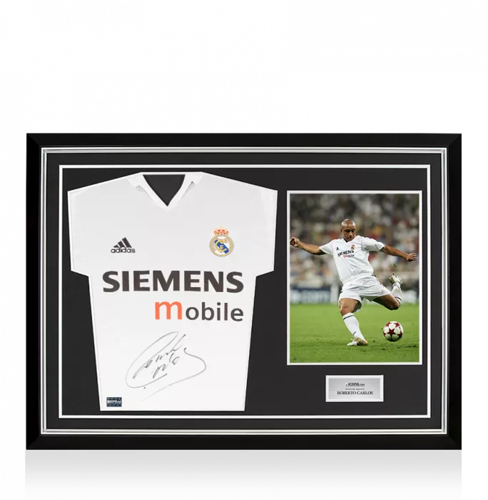 icons Roberto Carlos Front Signed Real Madrid 2004-05 Home Shirt In Hero Frame: Option 1