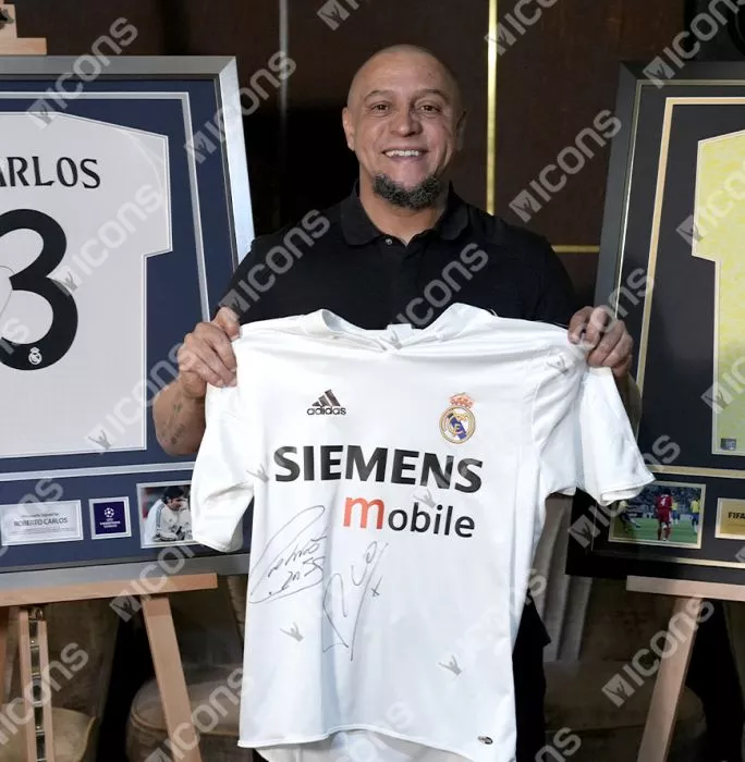 Icons Roberto Carlos & Luis Figo Front Signed Real Madrid 2004-05 Home Shirt In Hero Frame: Option 1