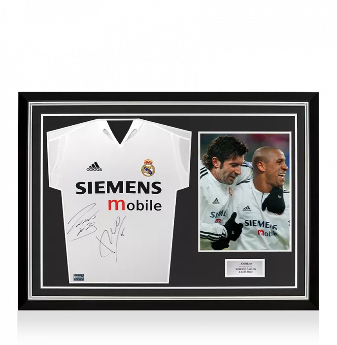 icons Roberto Carlos & Luis Figo Front Signed Real Madrid 2004-05 Home Shirt In Hero Frame: Option 1