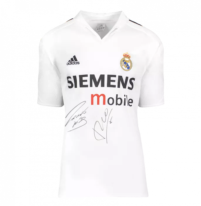 Icons Roberto Carlos & Luis Figo Front Signed Real Madrid 2004-05 Home Shirt In Deluxe Packaging