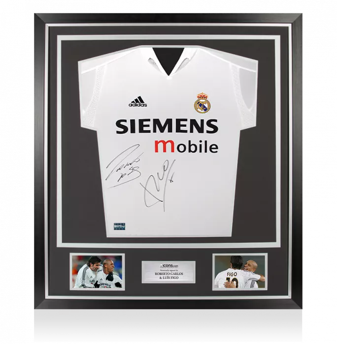 icons Roberto Carlos & Luis Figo Front Signed Real Madrid 2004-05 Home Shirt In Classic Frame