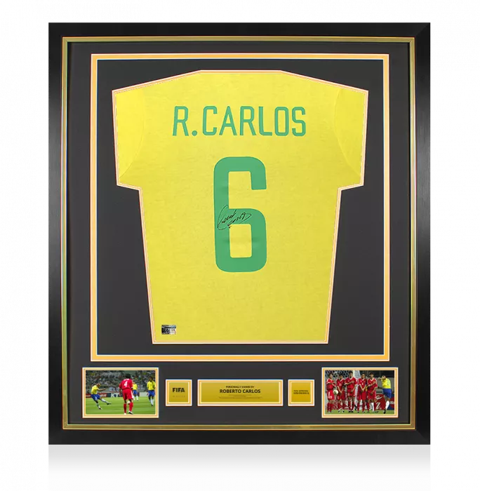 icons Roberto Carlos Official FIFA World Cup™ Back Signed and Framed Brazil Retro Shirt