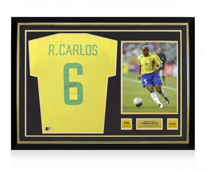 icons Roberto Carlos Official FIFA World Cup™ Back Signed and Hero Framed Brazil Retro Shirt