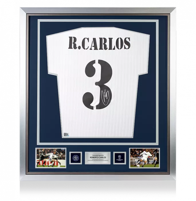 icons Roberto Carlos Official UEFA Champions League Back Signed and Framed Real Madrid Terrace Icon Shirt