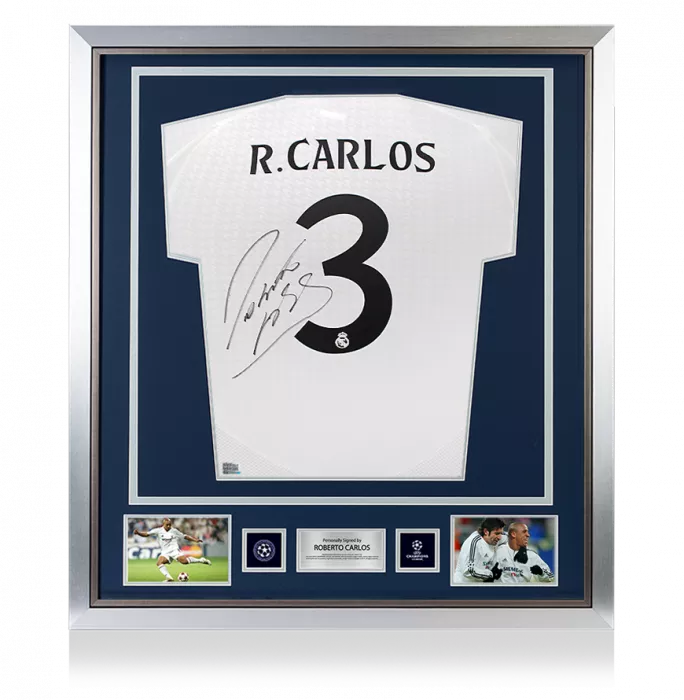 icons Roberto Carlos Official UEFA Champions League Back Signed and Framed Real Madrid 2024-25 Home Shirt