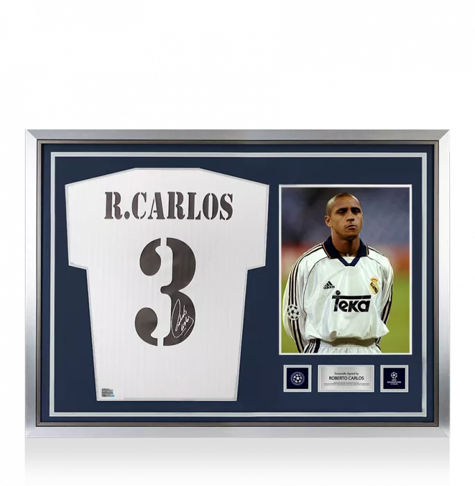 icons Roberto Carlos Official UEFA Champions League Back Signed and Hero Framed Real Madrid Home Shirt With Fan Style Numbers