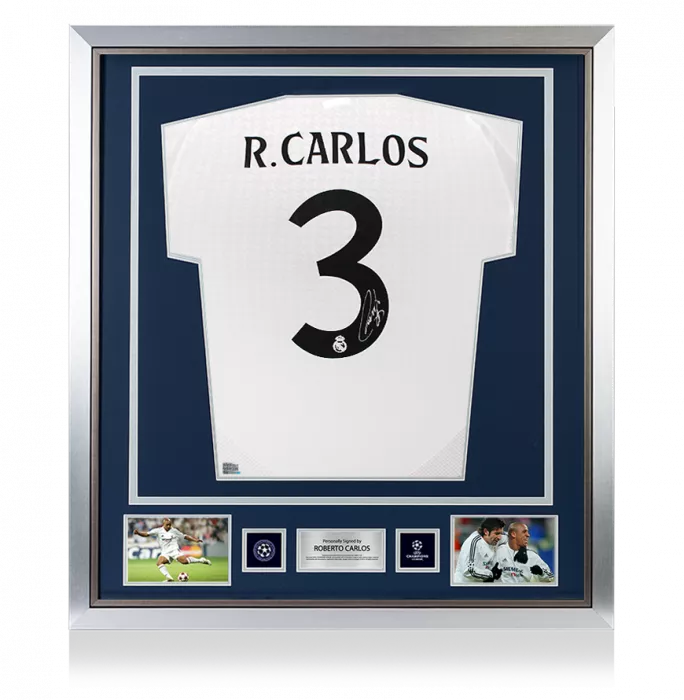 icons Roberto Carlos Official UEFA Champions League Back Signed and Framed Real Madrid 2024-25 Home Shirt