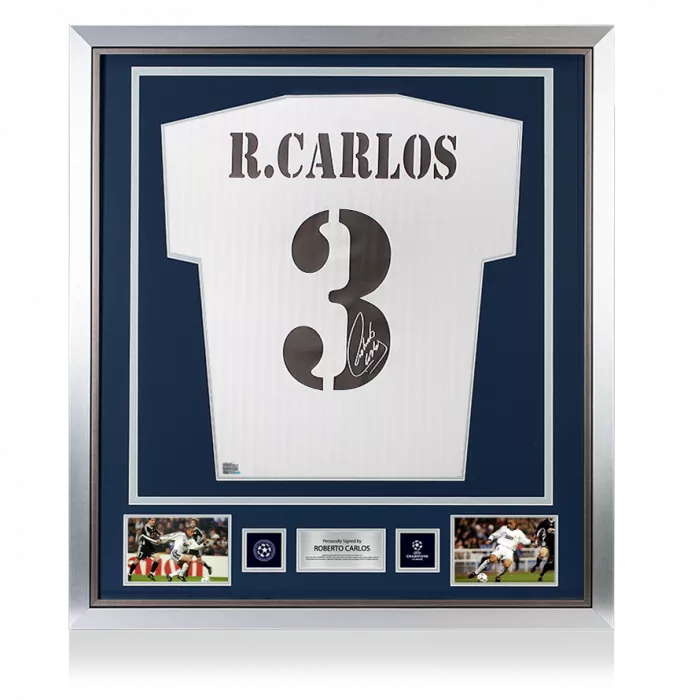 icons Roberto Carlos Official UEFA Champions League Back Signed and Framed Real Madrid Home Shirt With Fan Style Numbers