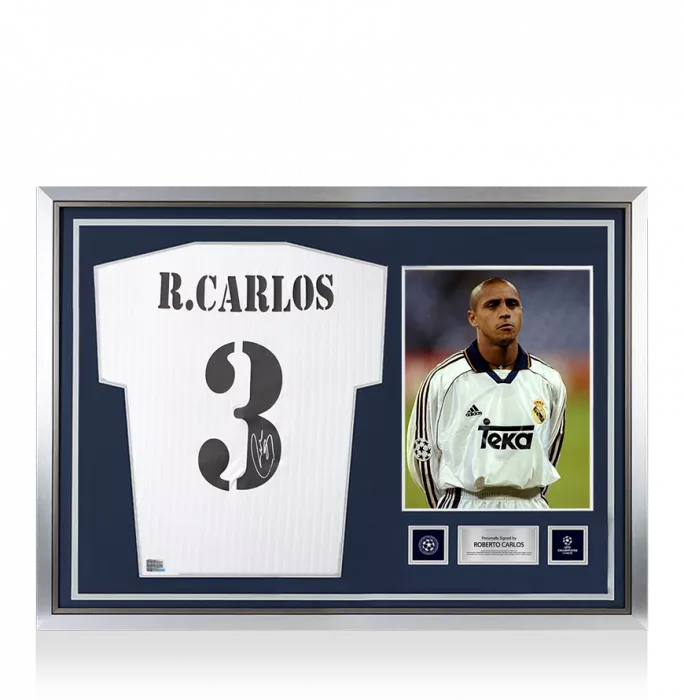 icons Roberto Carlos Official UEFA Champions League Back Signed and Hero Framed Real Madrid Terrace Icon Shirt