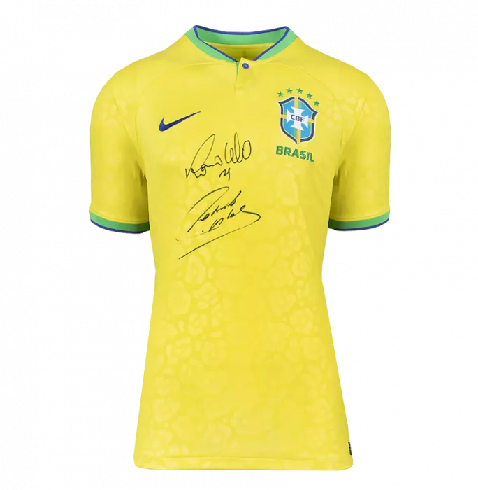 Icons Roberto Carlos & Ronaldo Front Signed Modern Brazil Home Shirt In Hero Frame: Option 1