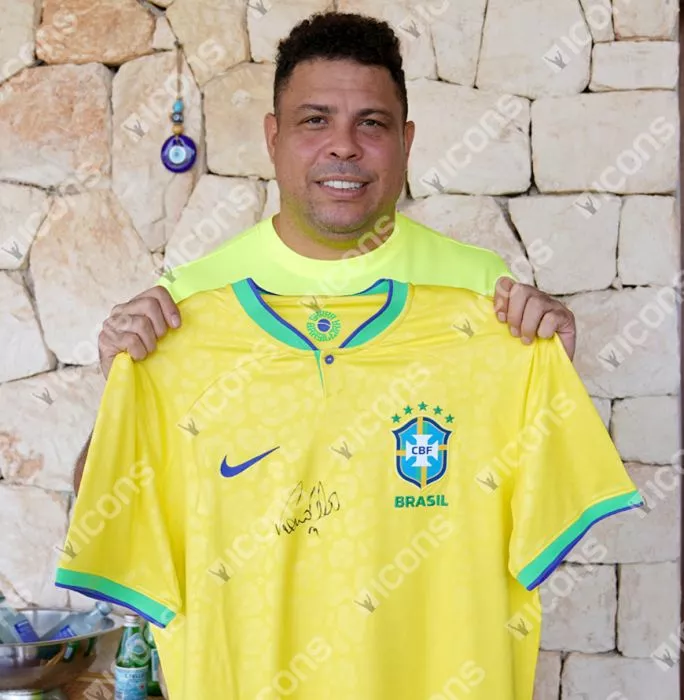 Icons Roberto Carlos & Ronaldo Front Signed Modern Brazil Home Shirt In Hero Frame: Option 1