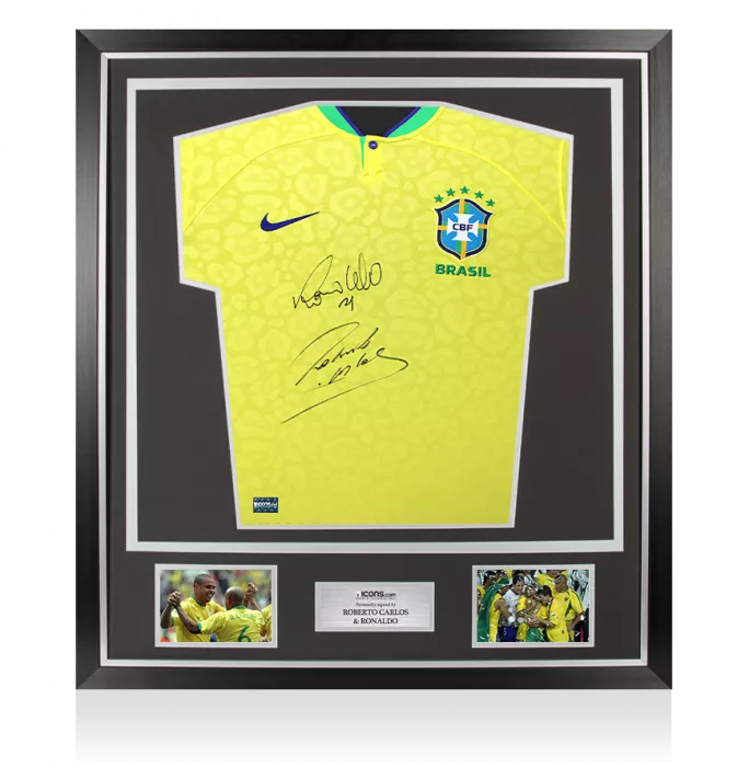 icons Roberto Carlos & Ronaldo Front Signed Modern Brazil Home Shirt In Classic Frame
