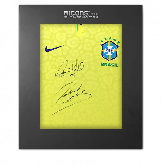 icons Roberto Carlos & Ronaldo Front Signed Modern Brazil Home Shirt In Deluxe Packaging