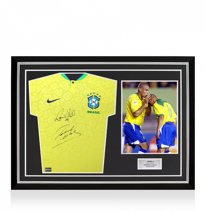 icons Roberto Carlos & Ronaldo Front Signed Modern Brazil Home Shirt In Hero Frame: Option 1