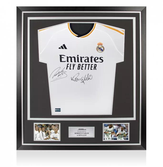 icons Roberto Carlos & Ronaldo Front Signed Modern Real Madrid Home Shirt In Classic Frame