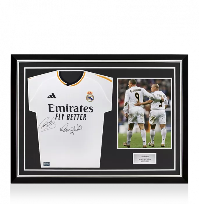 icons Roberto Carlos & Ronaldo Front Signed Modern Real Madrid Home Shirt In Hero Frame: Option 1