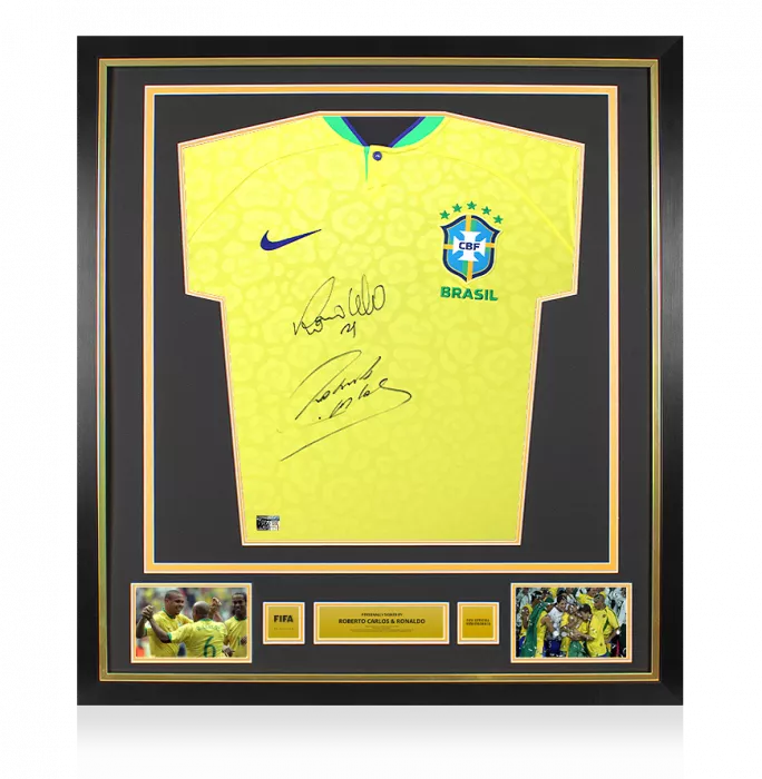 icons Roberto Carlos & Ronaldo Official FIFA World Cup™ Front Signed and Framed Modern Brazil Home Shirt