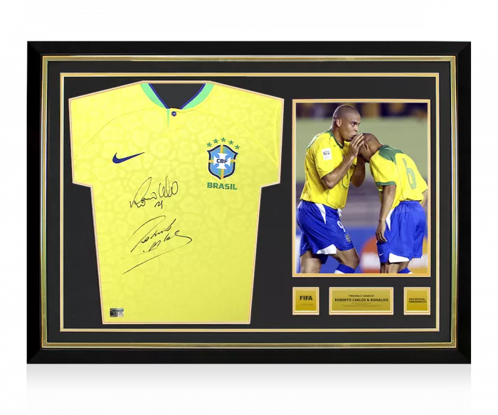 icons Roberto Carlos & Ronaldo Official FIFA World Cup™ Front Signed and Hero Framed Modern Brazil Home Shirt