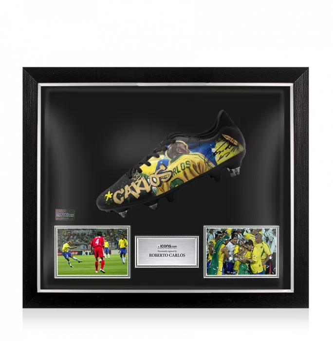 icons Roberto Carlos Signed Nike Black Football Boot: Murwalls Brazil Edition In Bubble Frame: Option 1