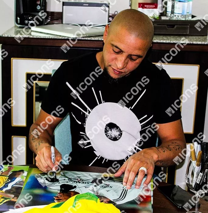 Icons Roberto Carlos Signed Real Madrid Photo: Celebrating With Figo