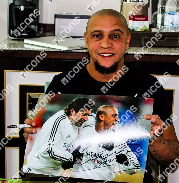 Icons Roberto Carlos Signed Real Madrid Photo: Celebrating With Figo
