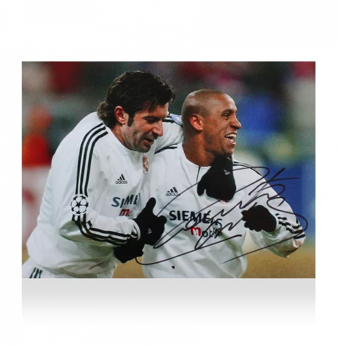 icons Roberto Carlos Signed Real Madrid Photo: Celebrating With Figo