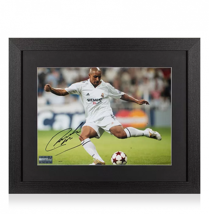 icons Roberto Carlos Signed Real Madrid Photo In Black Wooden Frame: UEFA Champions League Icon