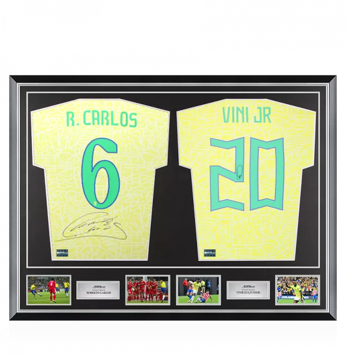icons Roberto Carlos & Vinicius Jr Signed Brazil Shirts In Classic Dual Frame