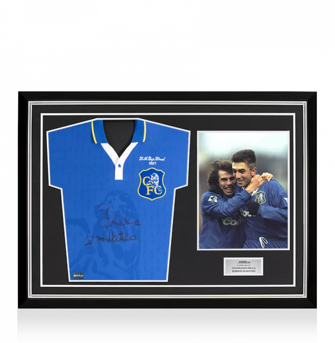 icons Roberto Di Matteo & Gianfranco Zola Front Signed Chelsea 1997-98 Home Shirt In Hero Frame: Option 1