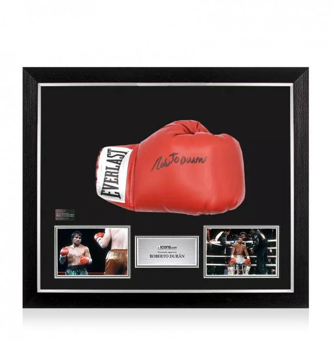 icons Roberto Duran Signed Everlast Red Boxing Glove In Bubble Frame: Option 1
