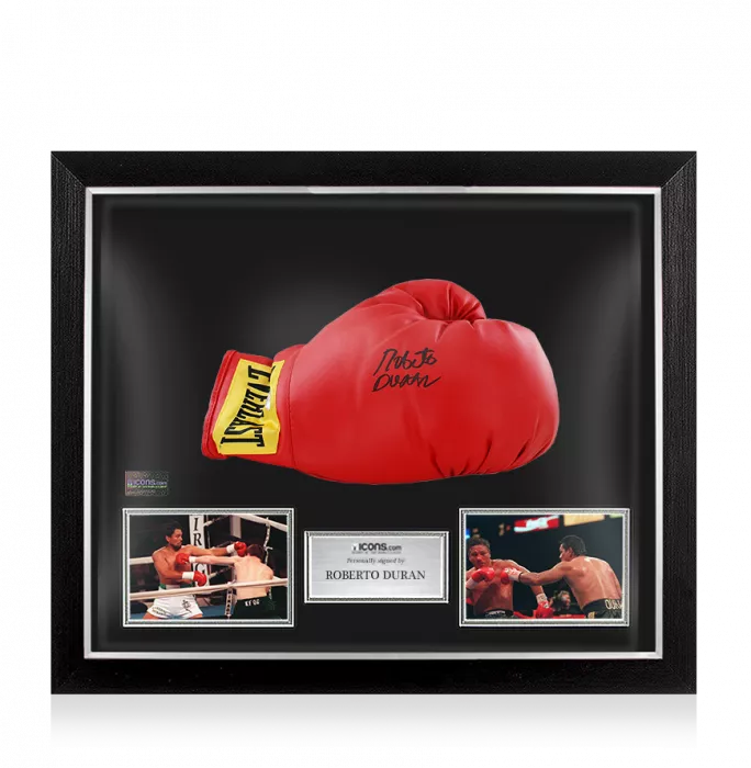 Icons Roberto Duran Signed Red Everlast Boxing Glove With Gold Wrist Patch In Bubble Frame: Option 1