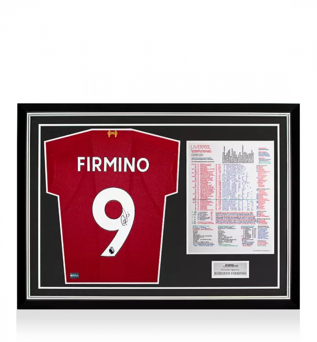 icons Roberto Firmino Signed Liverpool 2019-20 Home Shirt In Commentary Chart Frame