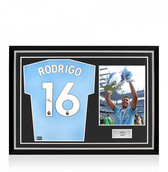 icons Rodri Back Signed Manchester City 2023-24 Home Shirt In Hero Frame: Option 1