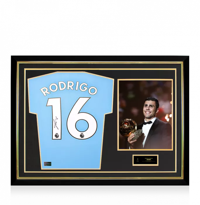 icons Rodri Official Ballon d'Or™ Back Signed and Hero Framed Manchester City 2021-22 Home Shirt