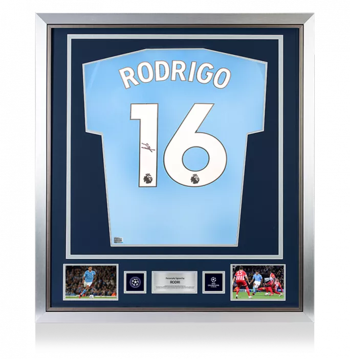 icons Rodri Official UEFA Champions League Back Signed and Framed Manchester City 2023-24 Home Shirt