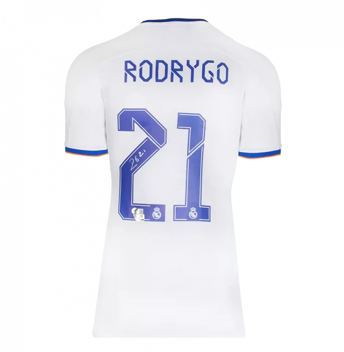 Icons Rodrygo Back Signed Real Madrid CF 2021-22 Home Shirt In Hero Frame: Option 1