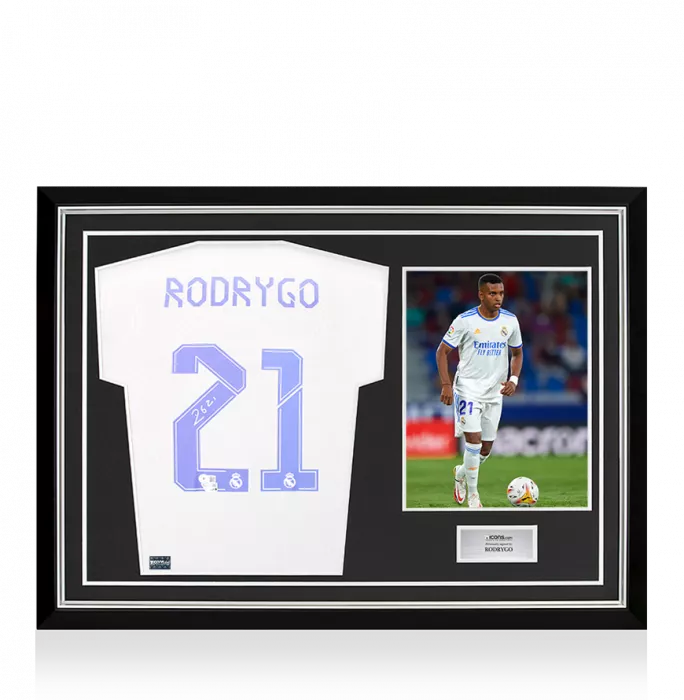 Icons Rodrygo Back Signed Real Madrid CF 2021-22 Home Shirt In Hero Frame: Option 1
