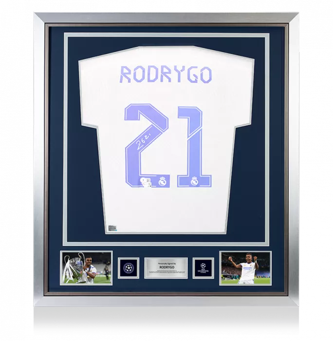 icons Rodrygo Official UEFA Champions League Back Signed and Framed Real Madrid CF 2021-22 Home Shirt