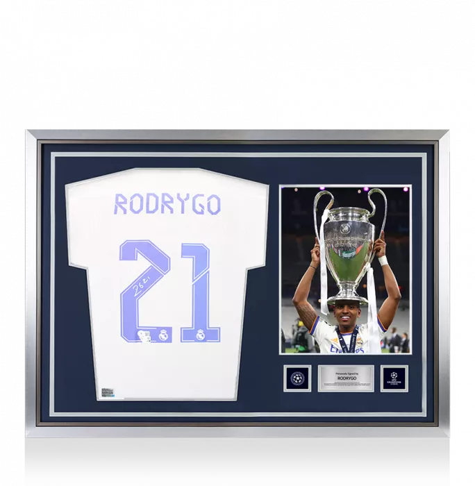 icons Rodrygo Official UEFA Champions League Back Signed and Hero Framed Real Madrid CF 2021-22 Home Shirt