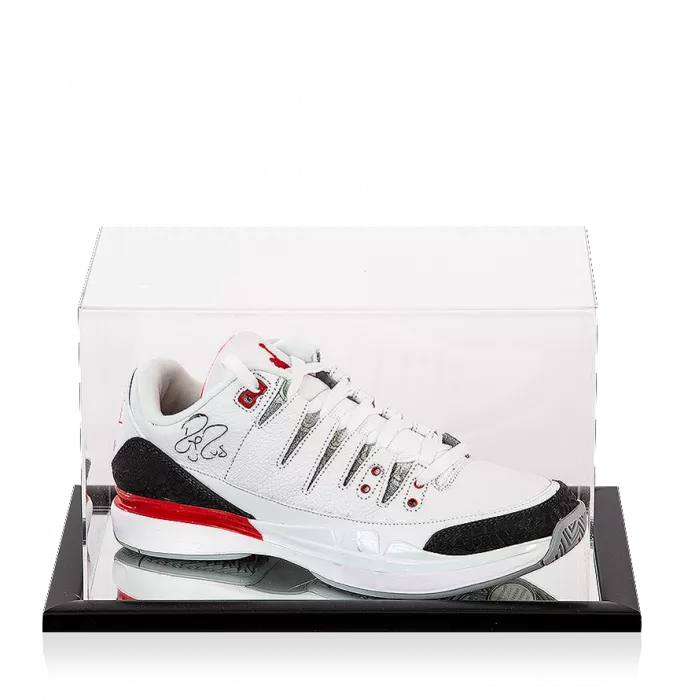 icons Roger Federer Signed Nike Zoom Vapor RF x Air Jordan 3 Tennis Shoe In Acrylic Case