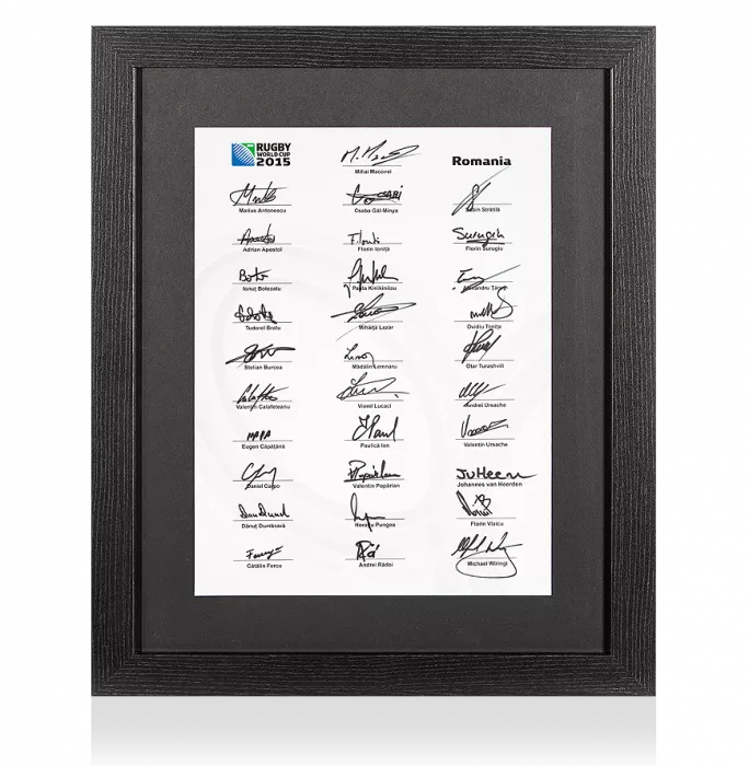 Icons Romania Rugby World Cup 2015 Squad Signed Card In Black Wooden Frame: Signed By 31