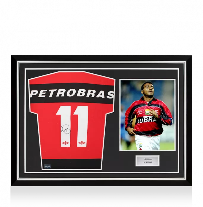 icons Romario Back Signed CR Flamengo 1999 Home Shirt In Hero Frame: Option 1