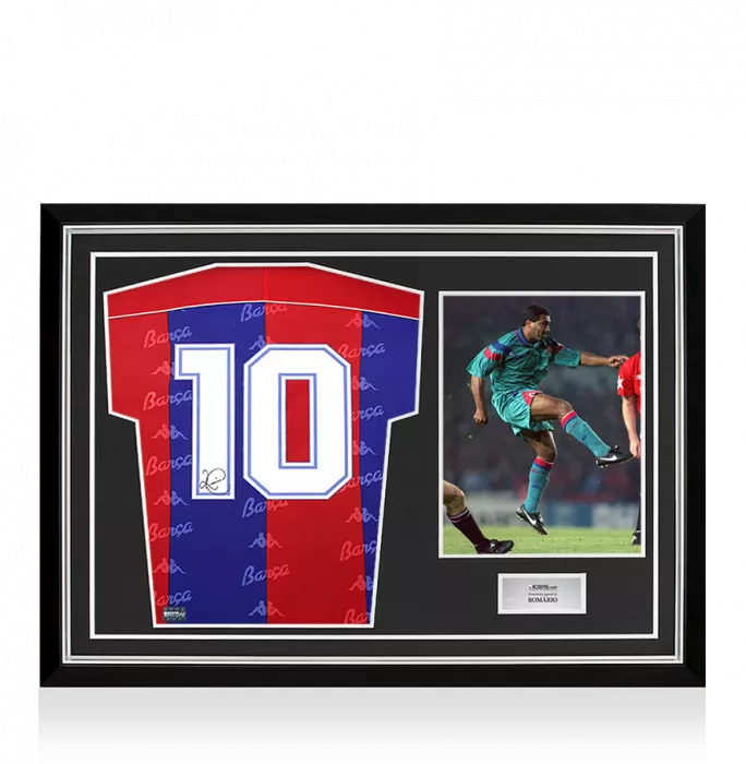 icons Romario Back Signed FC Barcelona 1992-95 Home Shirt with Fan Style Numbers In Hero Frame: Option 1