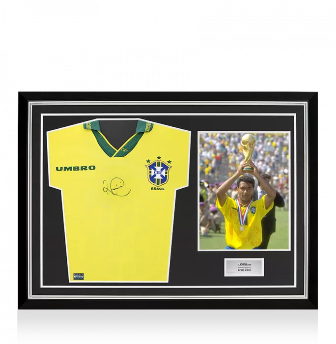 icons Romario Front Signed Brazil 1994 Home Shirt In Hero Frame: Option 1